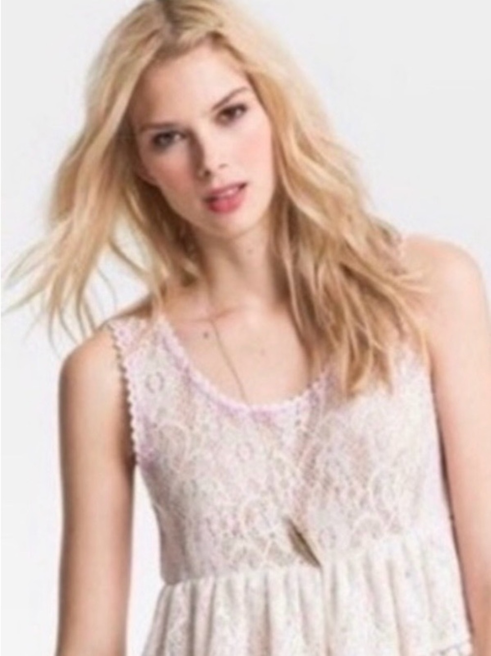 Free People Daydream Cream Lace Peplum Crochet Tiered Top Pom Trim Boho- Size M